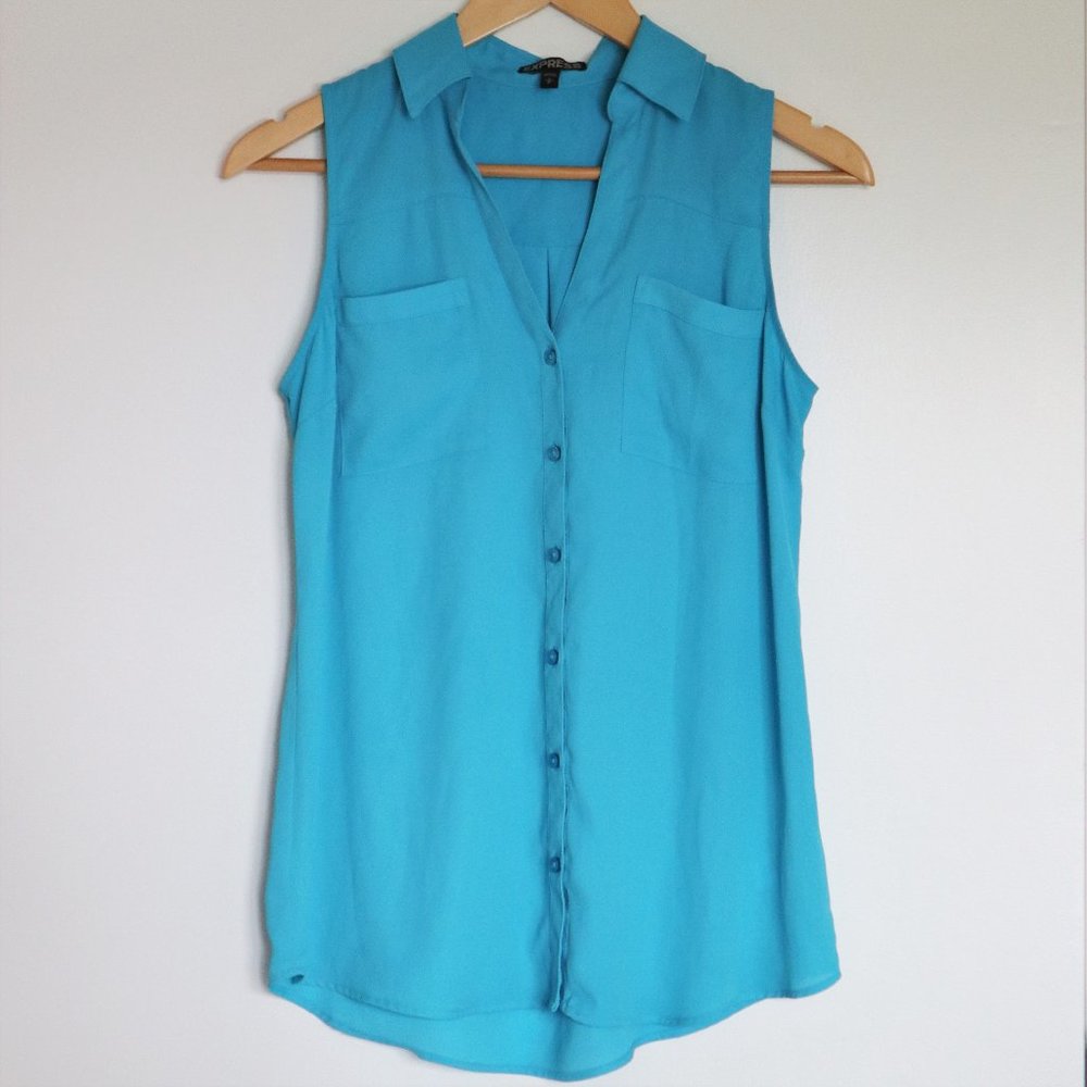 Express Blue Collared Sleeveless Blouse